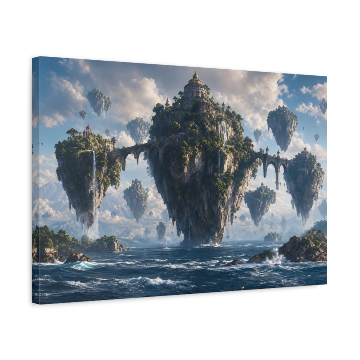 Side Mockup 3. Science Fiction Floating Islands Blue And Green shown as stretched canvas wall art