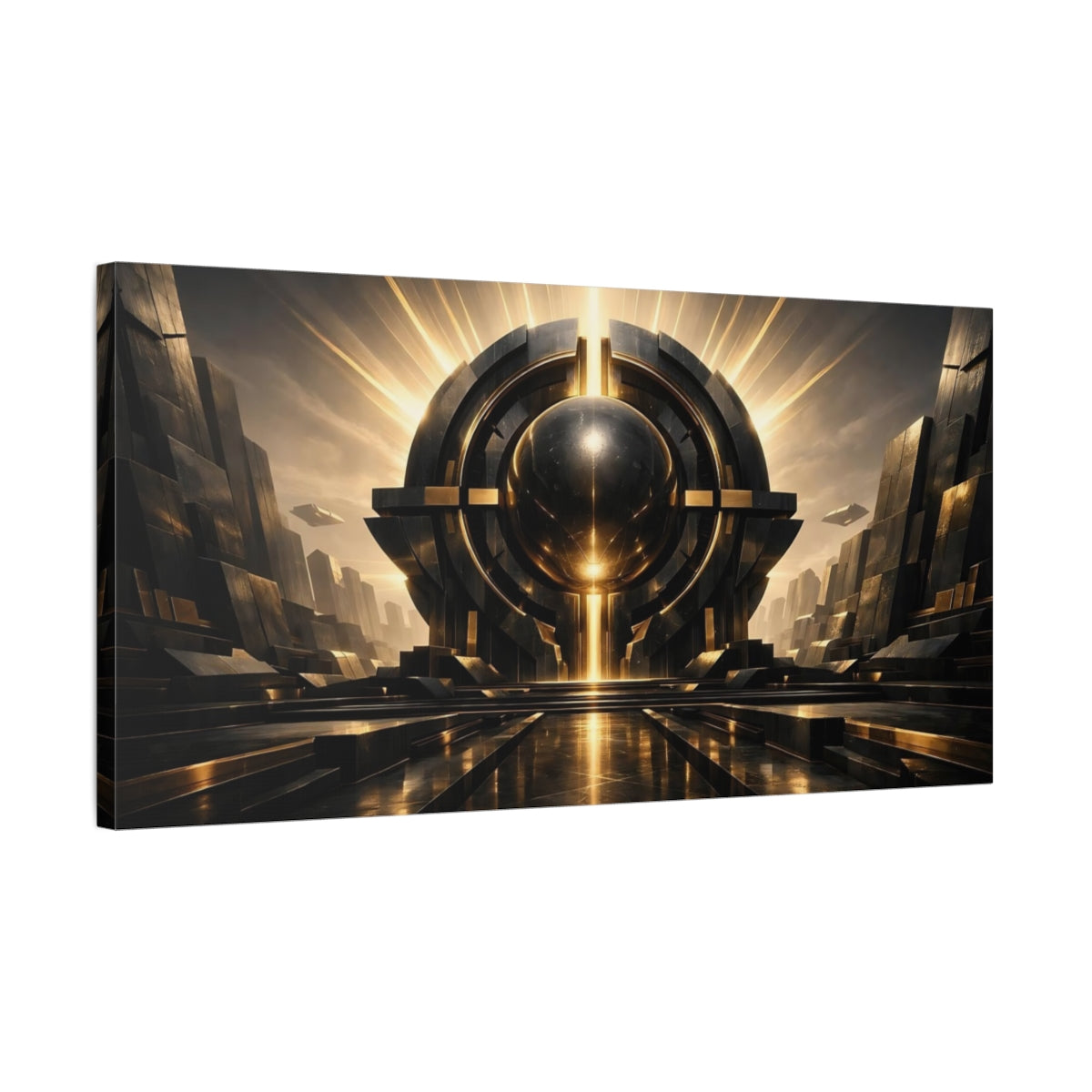 Side Mockup 2. Science Fiction Futuristic Orb Black And Gold Sci-Fi shown as stretched canvas wall art