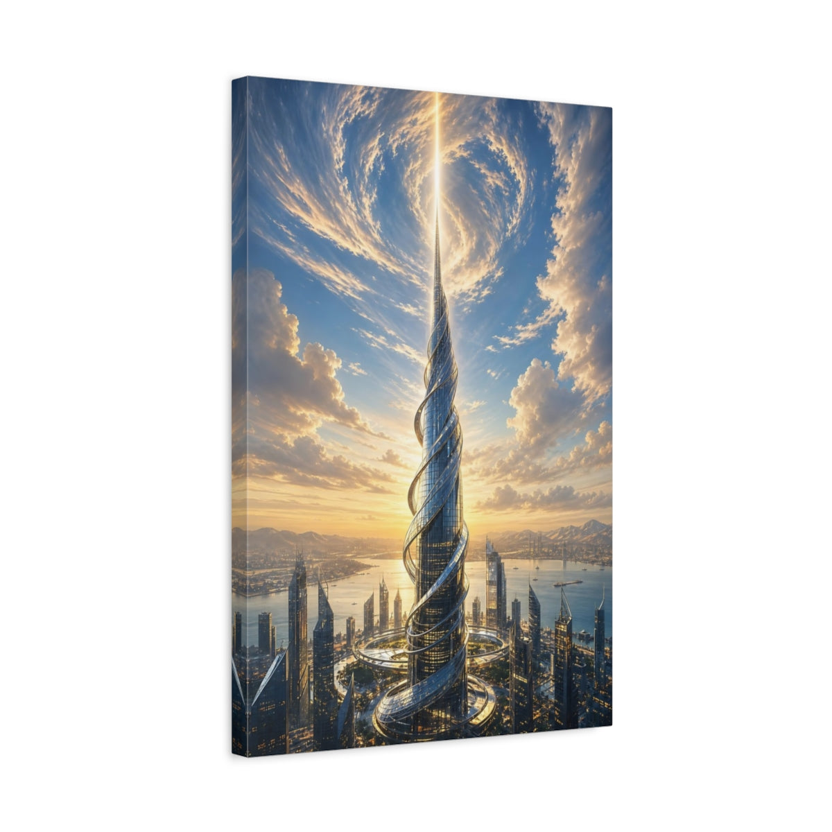 Side Mockup 3. Science Fiction Futuristic Skyscraper Futuristic Cityscape shown as stretched canvas wall art
