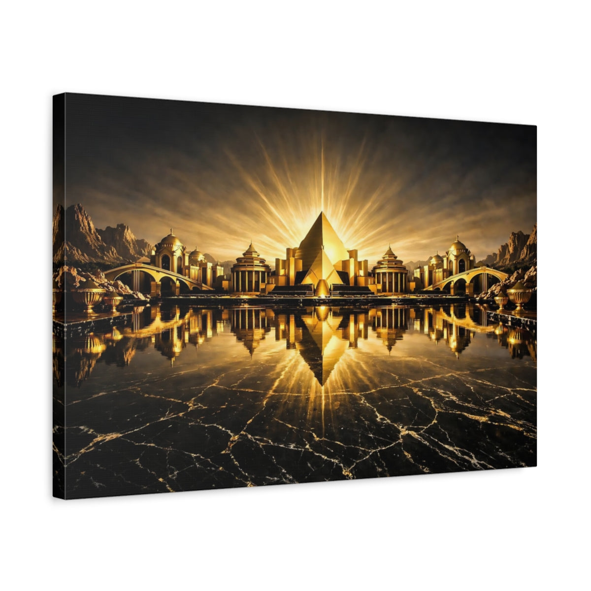 Side Mockup 3. Science Fiction Golden City Gold And Black City shown as stretched canvas wall art