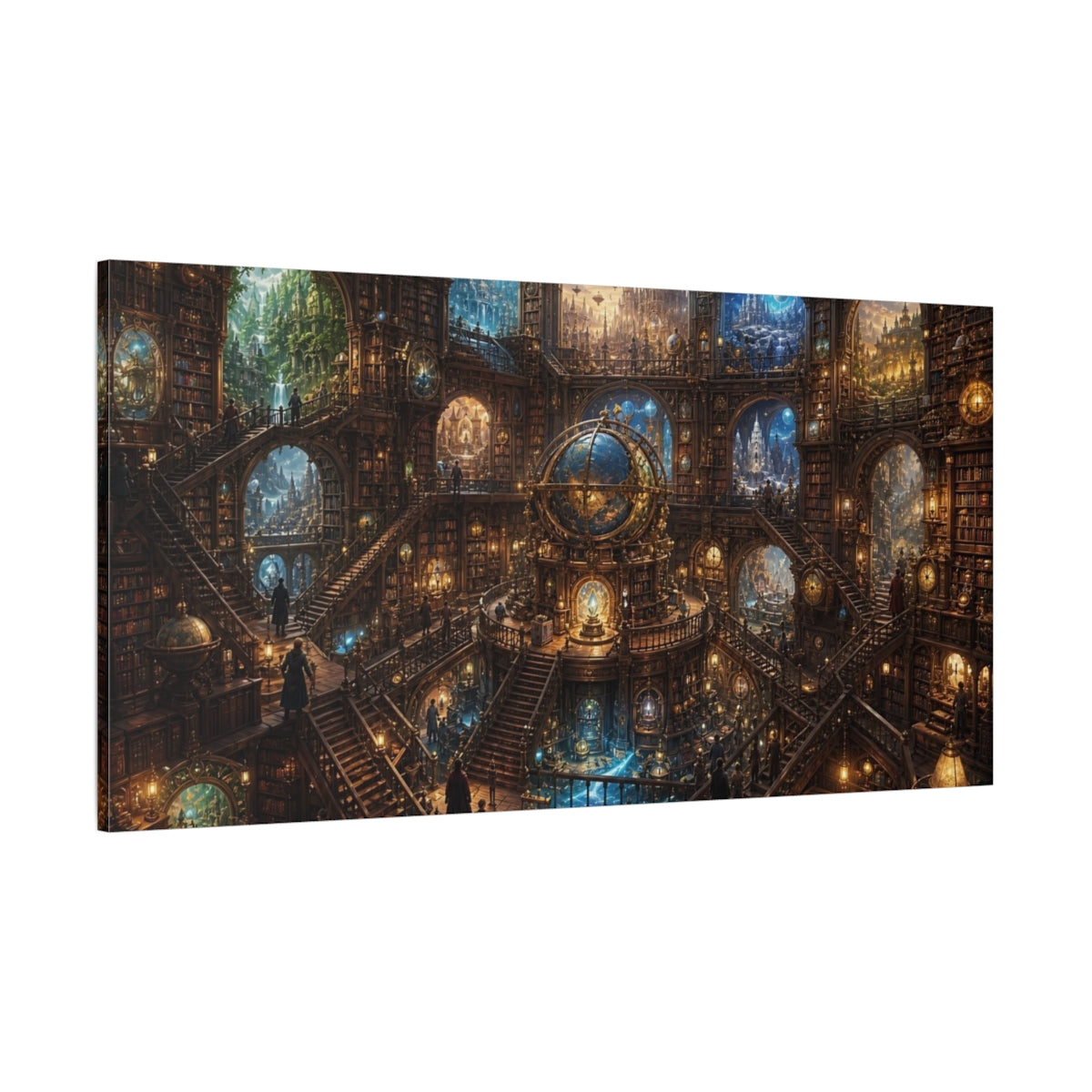 Side Mockup 2. Science Fiction Grand Library Steampunk Library shown as stretched canvas wall art