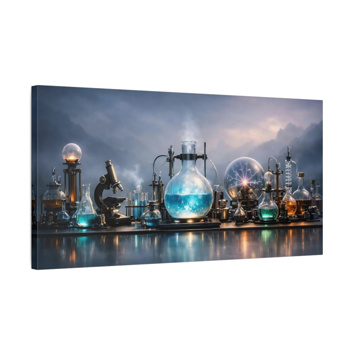 Side Mockup 2. Science Fiction Laboratory Equipment Blue And Grey Lab shown as stretched canvas wall art