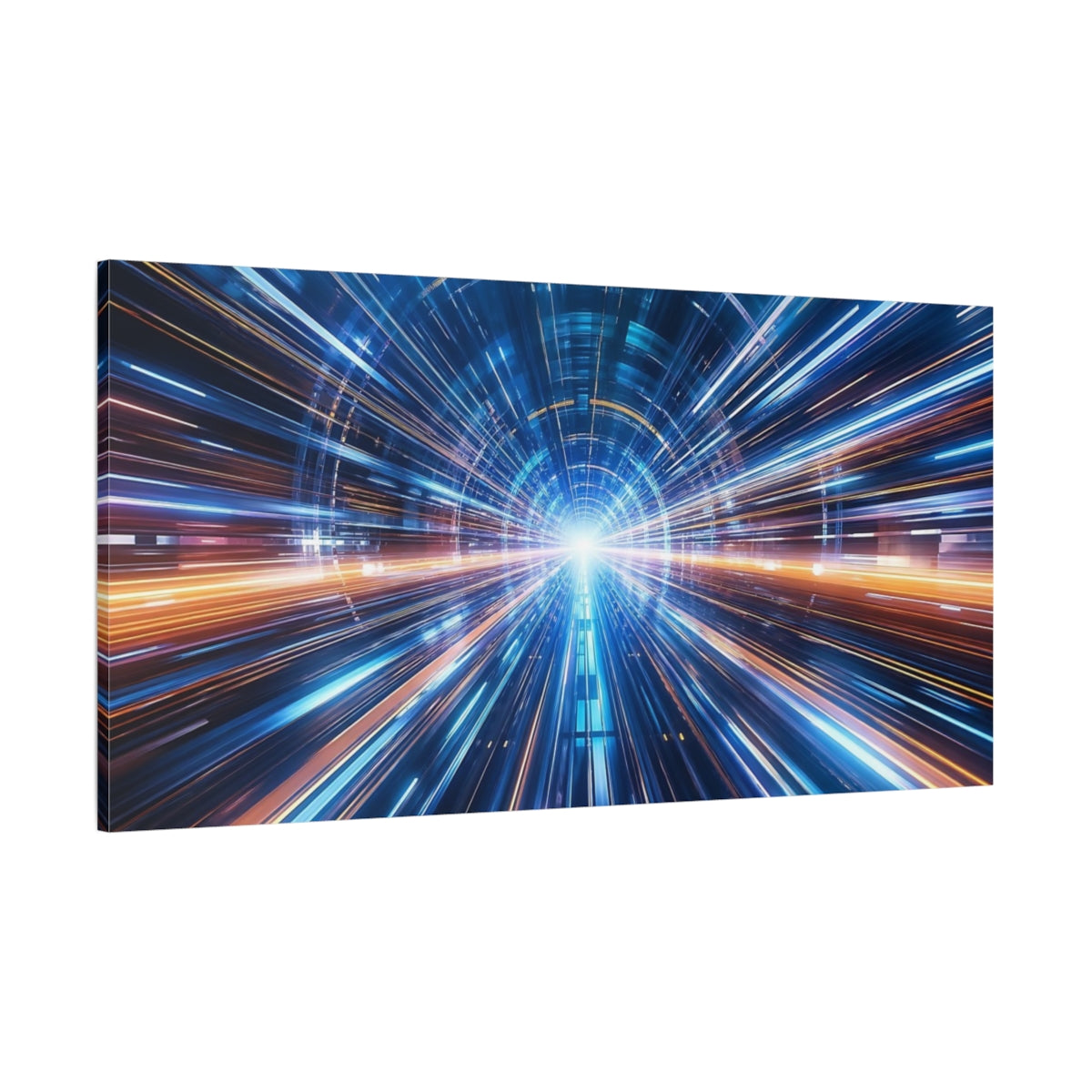 Side Mockup 2. Science Fiction Light Tunnel Blue And Orange shown as stretched canvas wall art