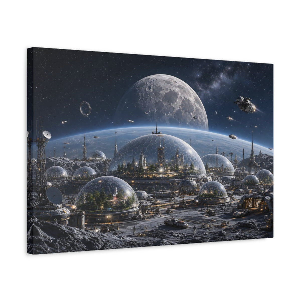 Side Mockup 3. Science Fiction Lunar City Blue And Grey shown as stretched canvas wall art