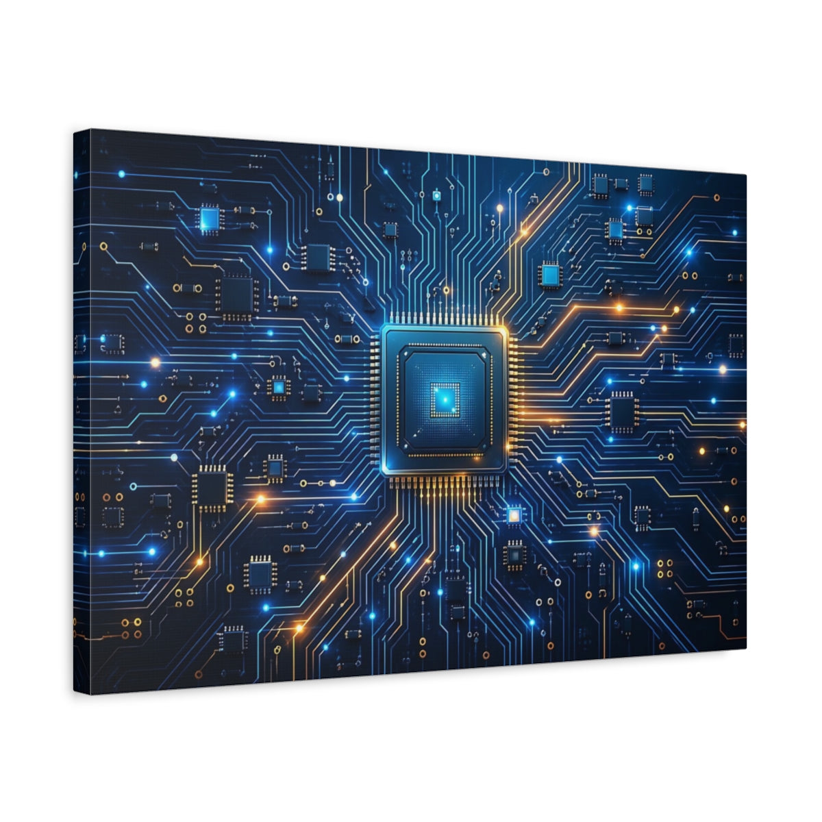 Side Mockup 3. Science Fiction Microchip Blue Orange Technology shown as stretched canvas wall art