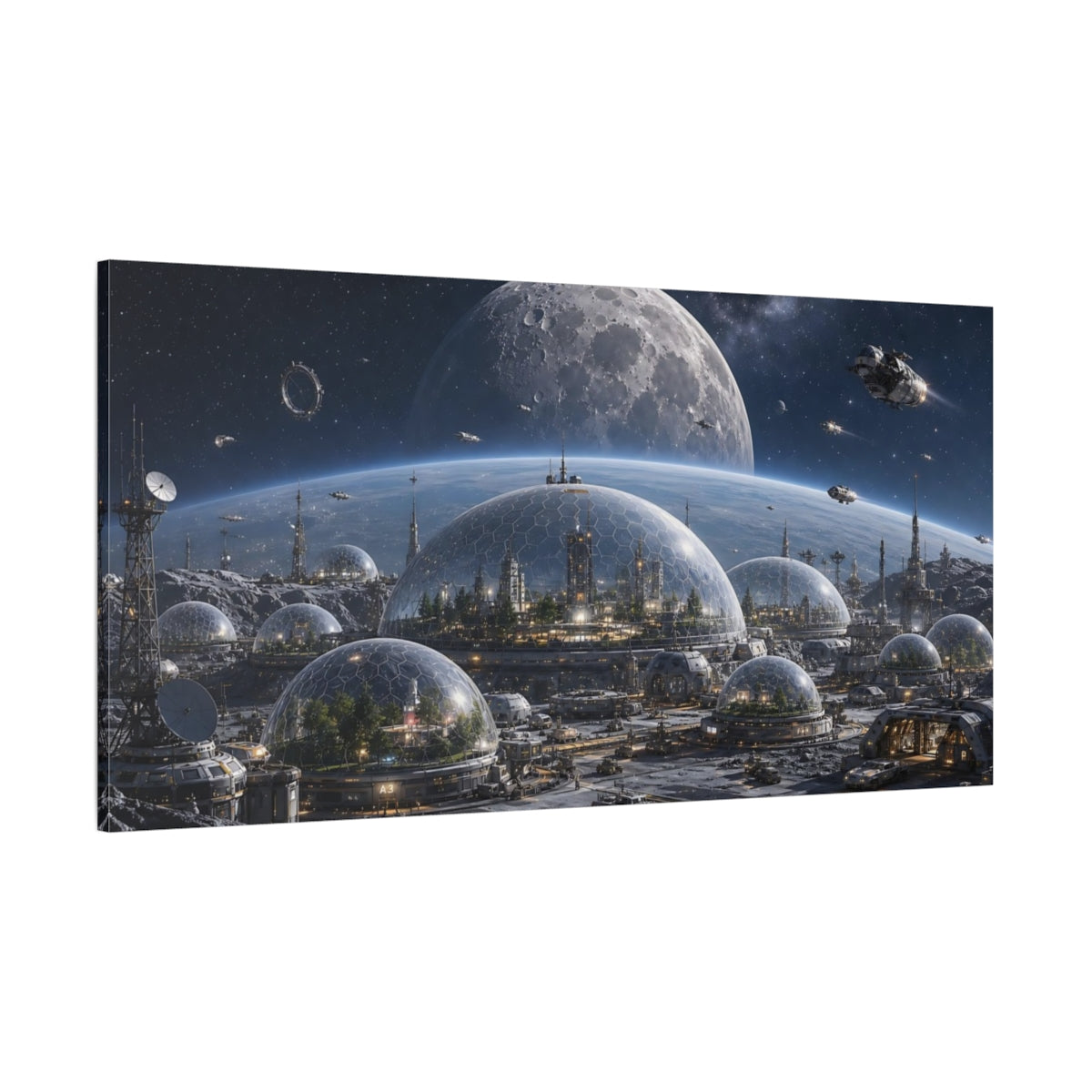 Side Mockup 2. Science Fiction Moon Colony Blue And Gray shown as stretched canvas wall art
