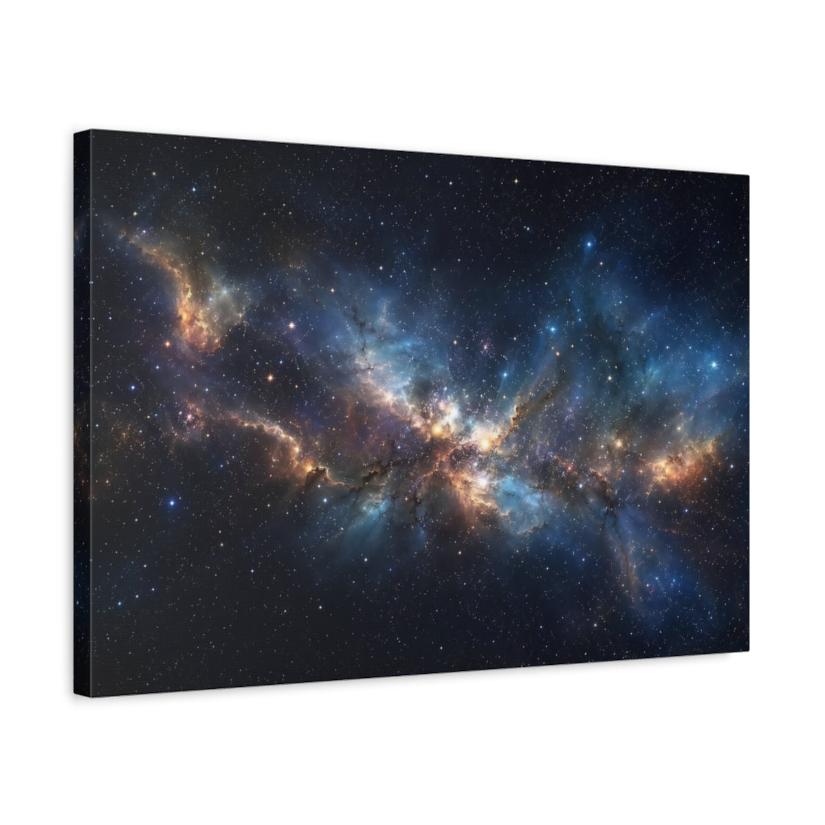 Side Mockup 3. Science Fiction Nebula Blue And Gold shown as stretched canvas wall art