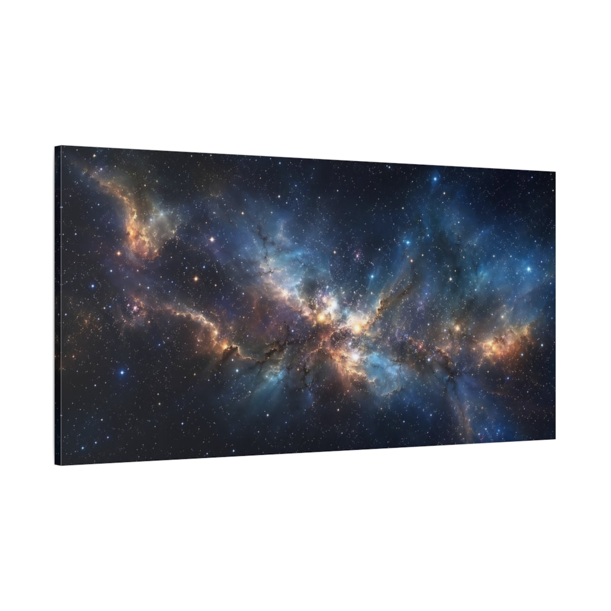 Side Mockup 2. Science Fiction Nebula Blue Orange Nebula shown as stretched canvas wall art