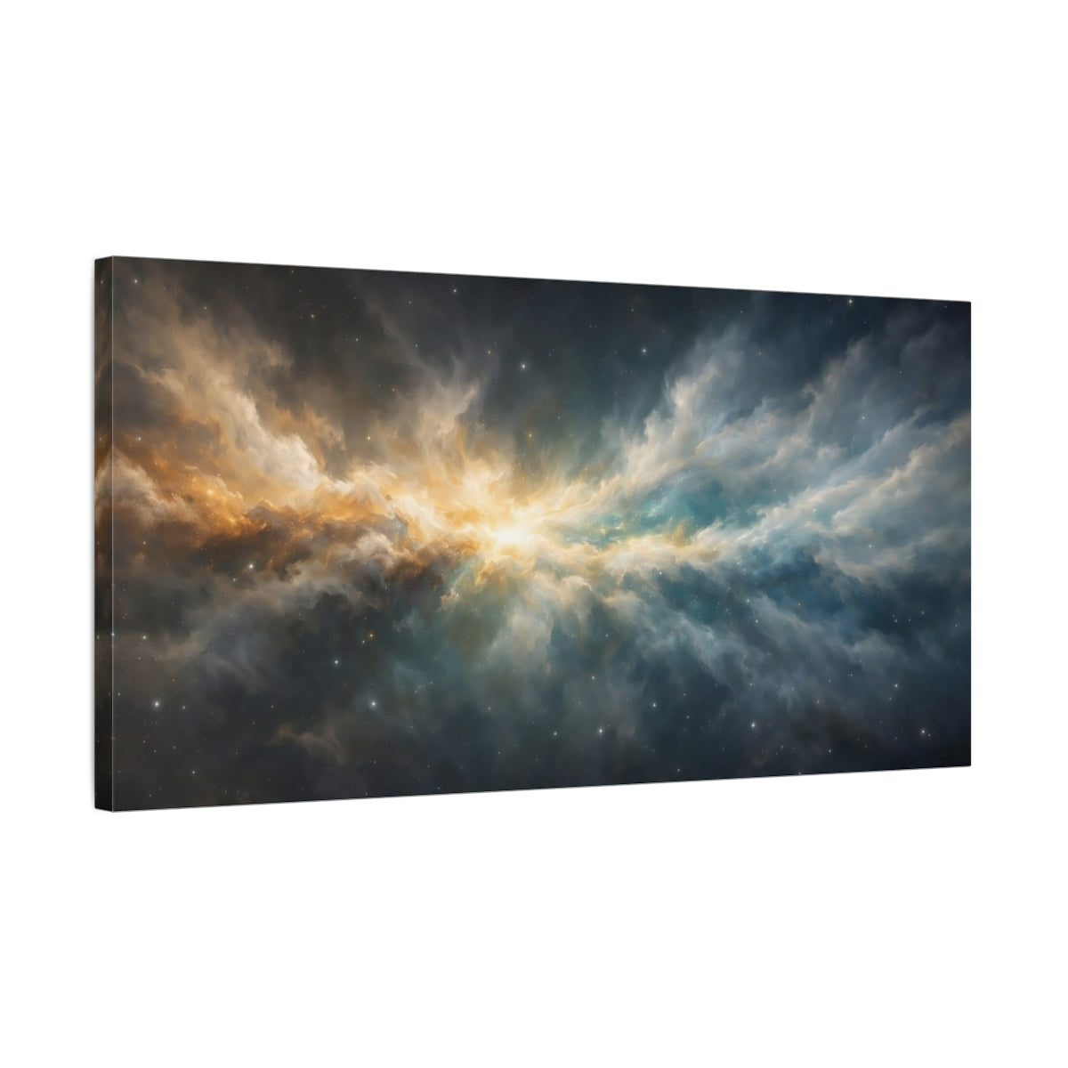 Side Mockup 2. Science Fiction Nebula Gold Blue Nebula shown as stretched canvas wall art