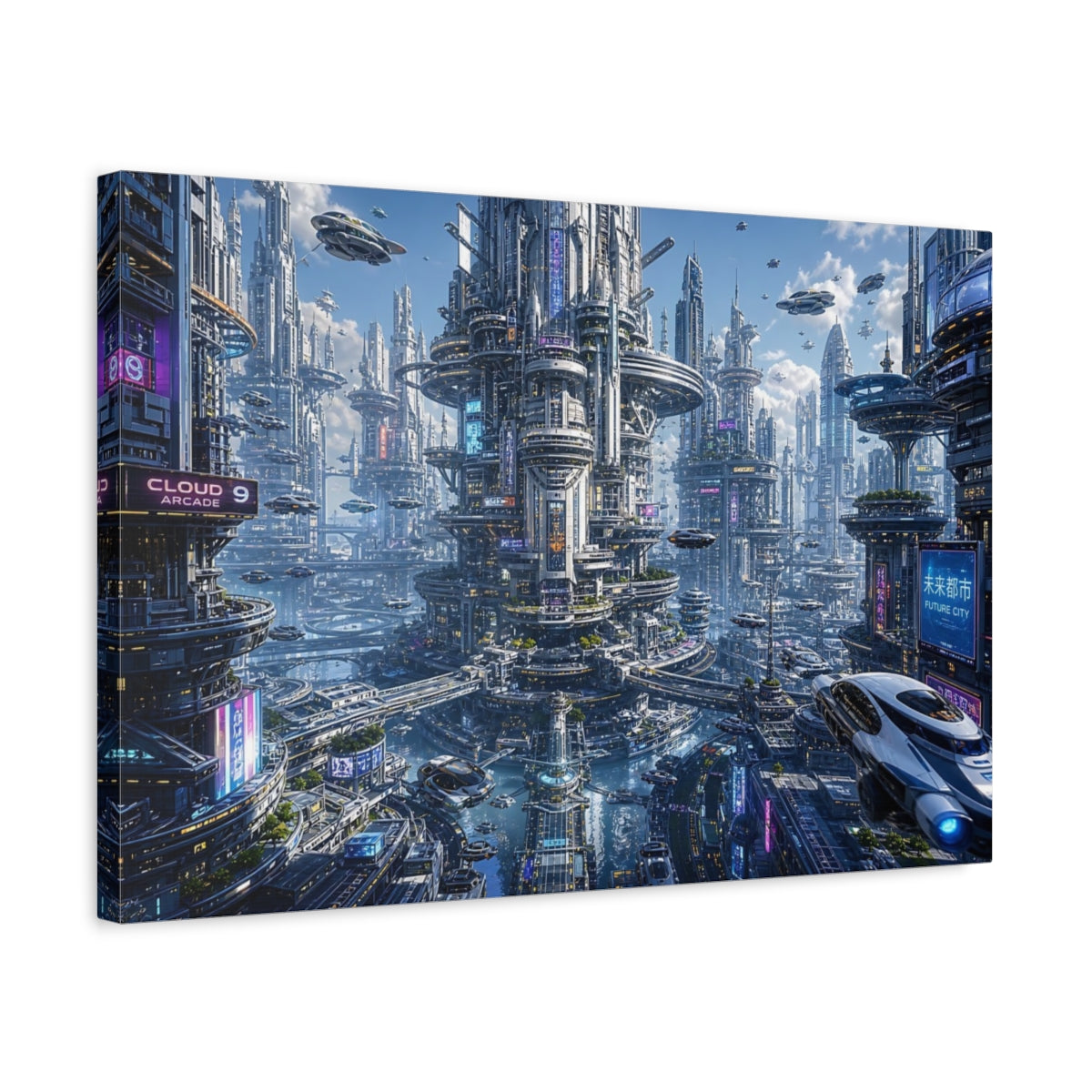 Side Mockup 3. Science Fiction Sci-Fi City Blue And Silver shown as stretched canvas wall art