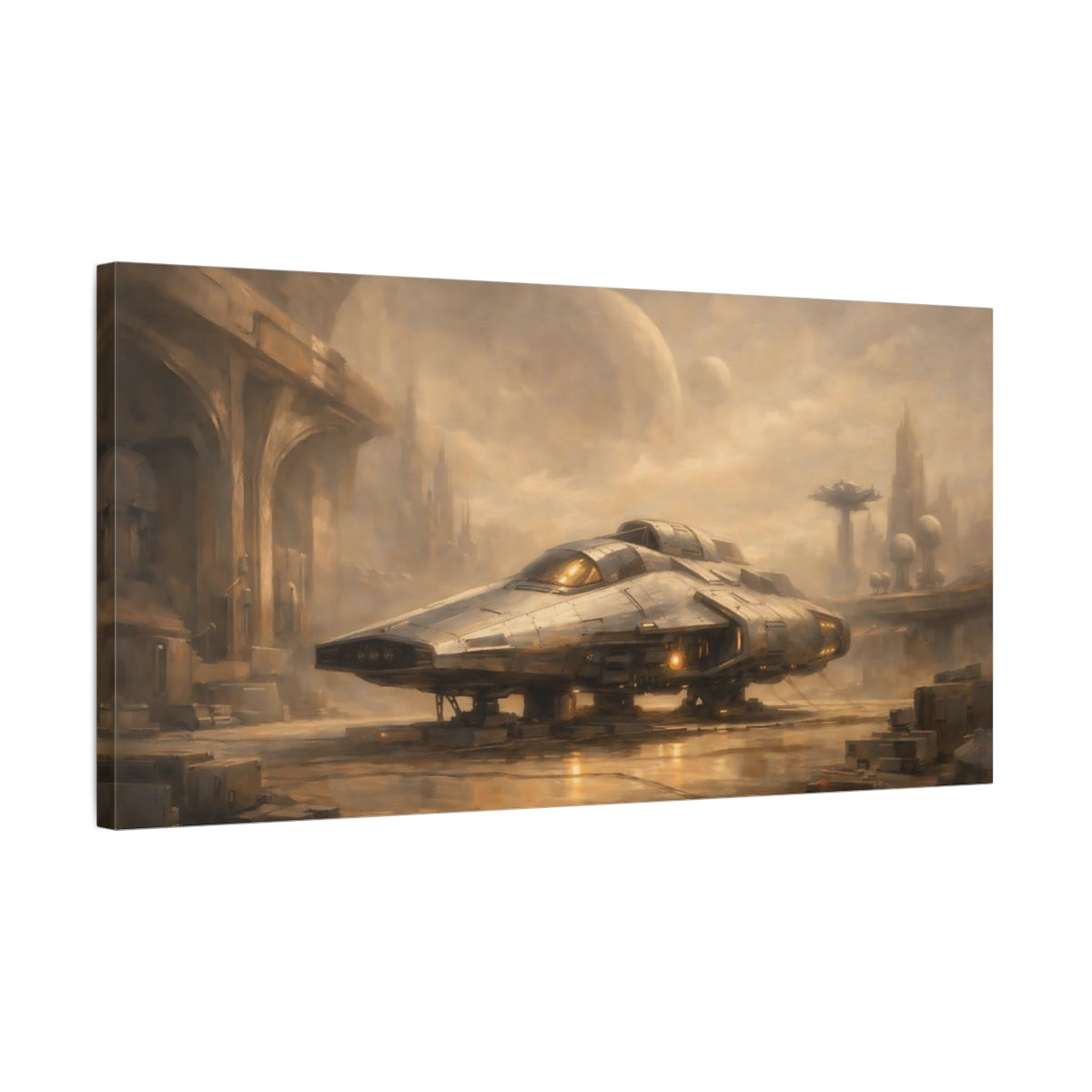 Side Mockup 2. Science Fiction Spaceship Brown And Gold shown as stretched canvas wall art