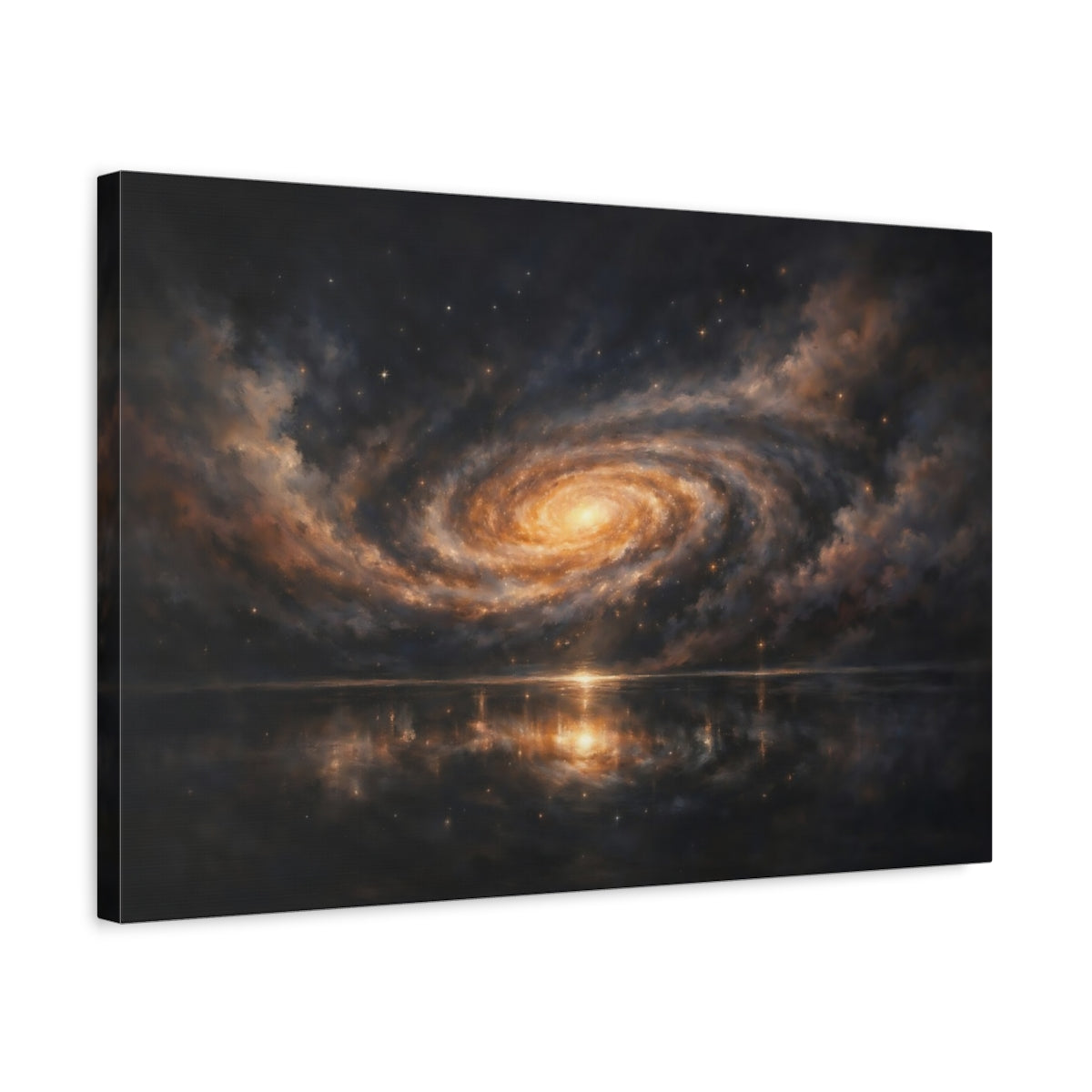 Side Mockup 3. Science Fiction Spiral Galaxy Dark Orange Galaxy shown as stretched canvas wall art