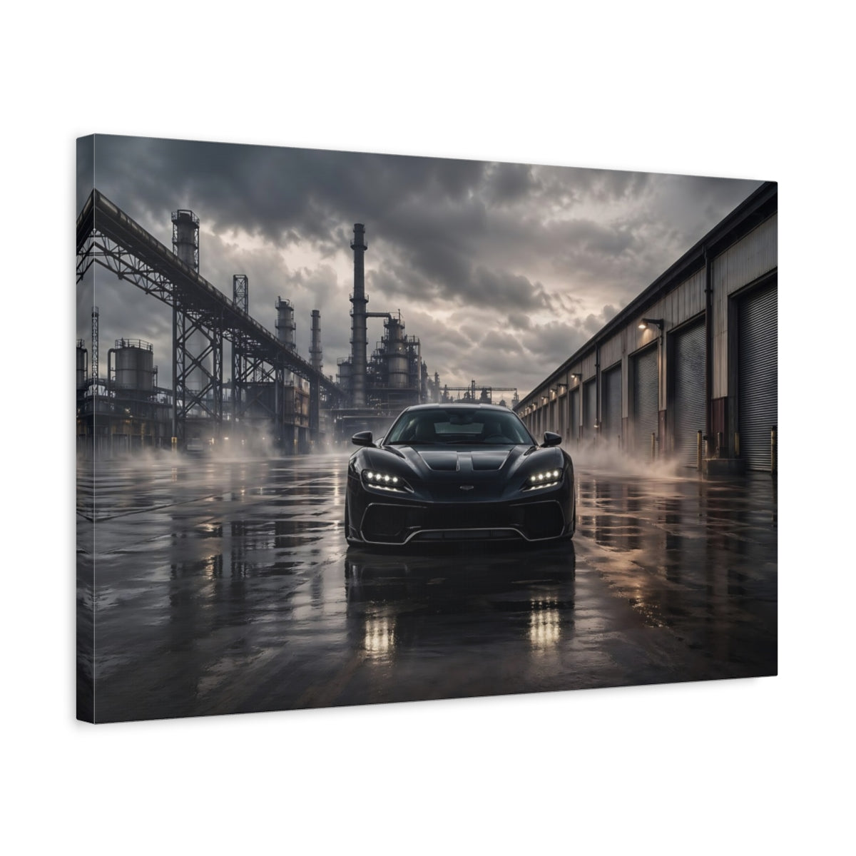 Side Mockup 3. Science Fiction Sports Car Black Car Dark shown as stretched canvas wall art