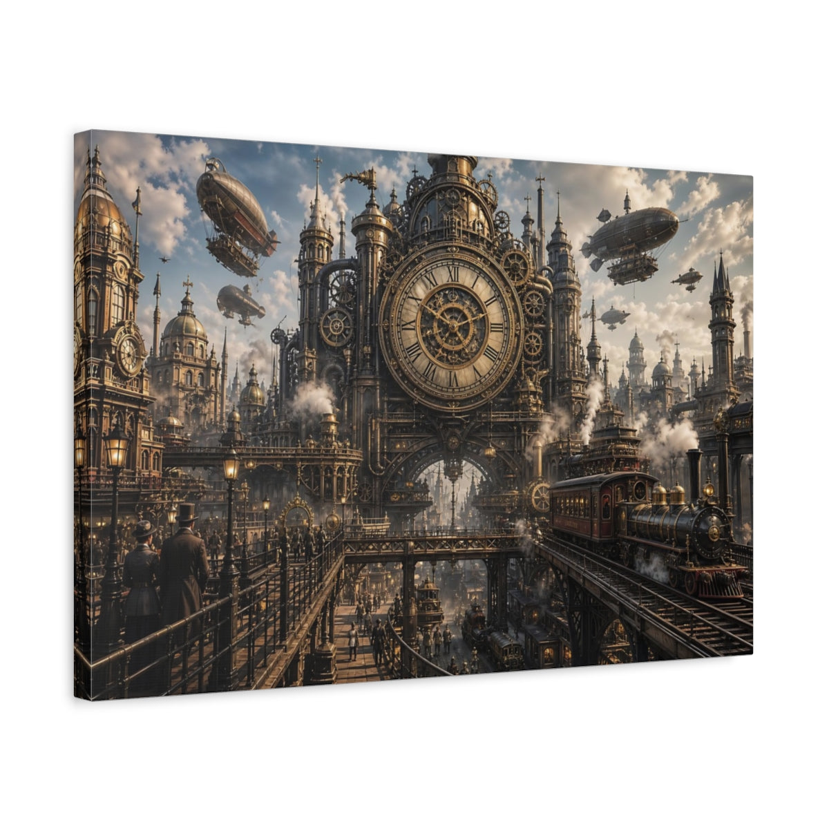 Side Mockup 3. Science Fiction Steampunk City Bronze And Gold City shown as stretched canvas wall art