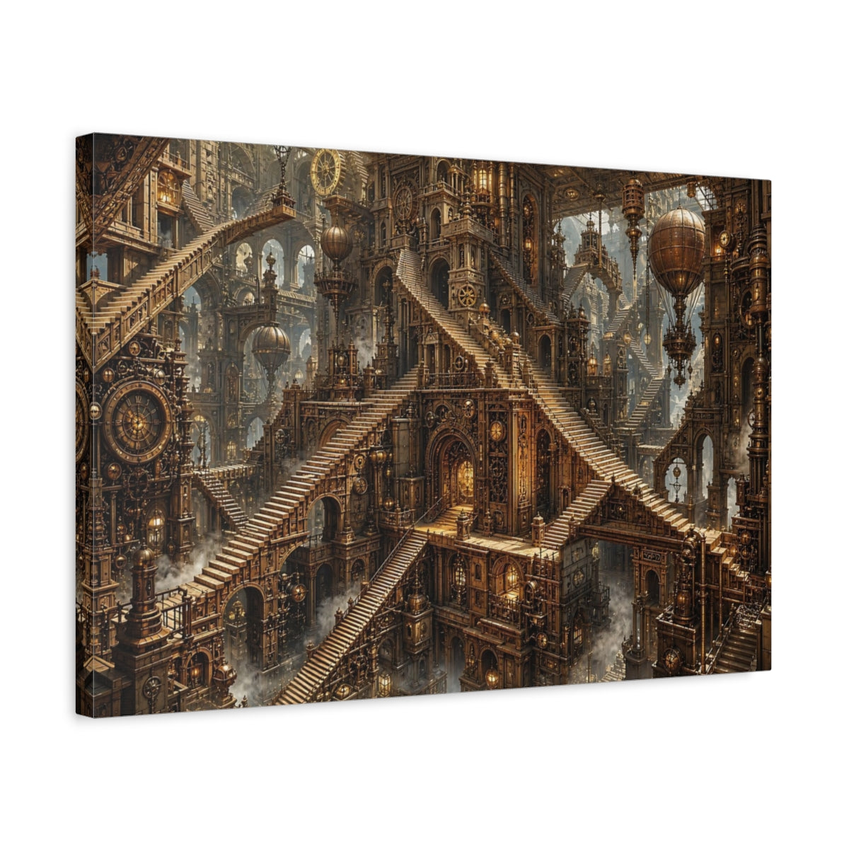 Side Mockup 3. Science Fiction Steampunk City Bronze Steampunk shown as stretched canvas wall art