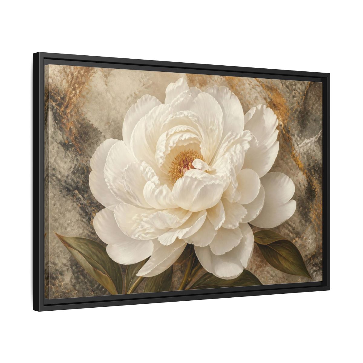 Side Mockup 14. Sculptural White Peony Flower shown as framed canvas print