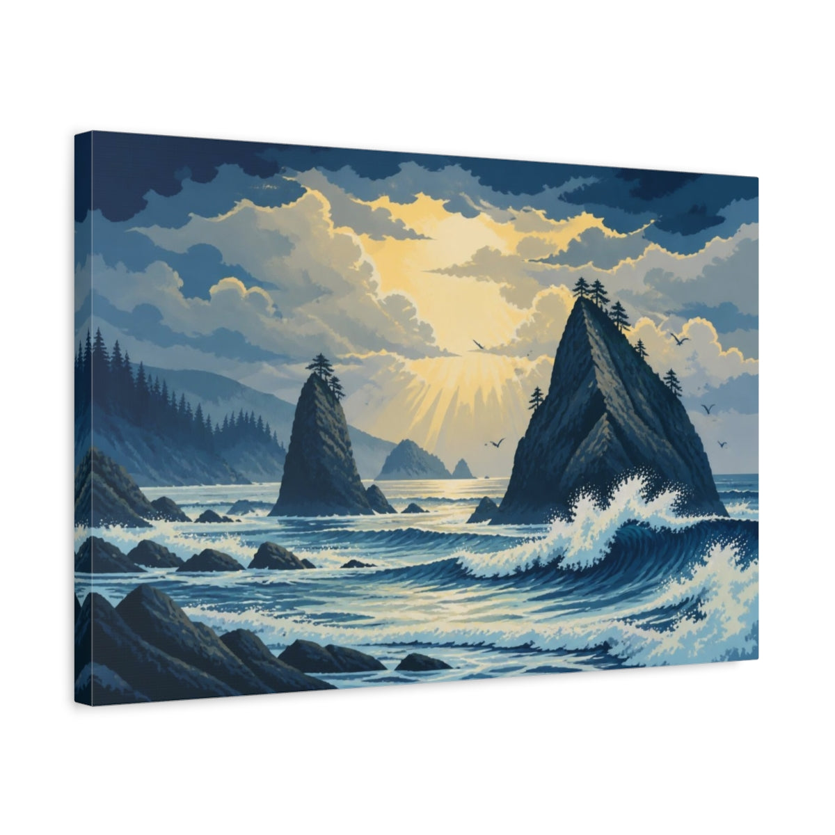 Side Mockup 3. Sea Stacks Landscape Sunrise shown as canvas print