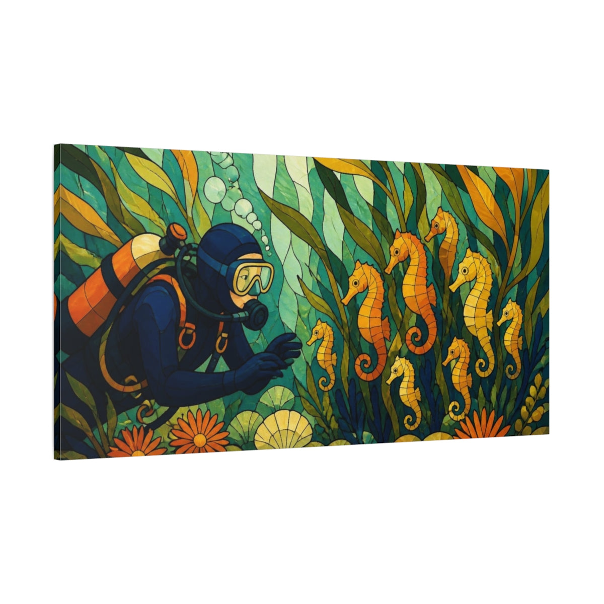 Side Mockup 2. Seahorse Nursery Stained Glass shown as canvas print
