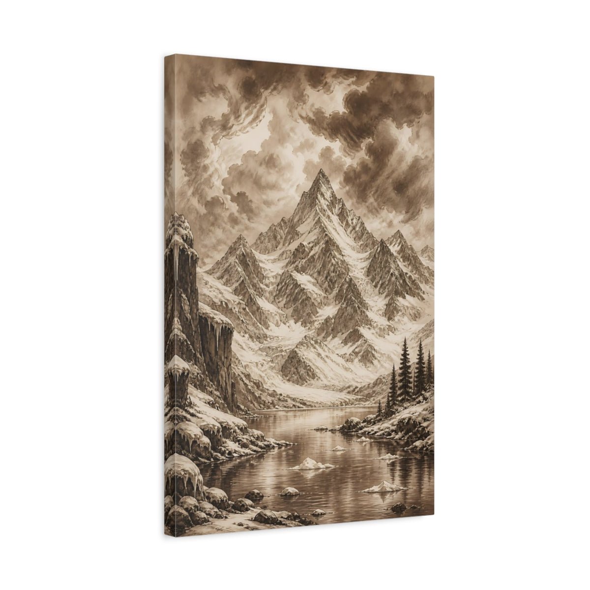 Sepia Ink Mountain Drawing Storm Clouds Canvas Print – Vintage Living Room, Large Wall - YesArtYes