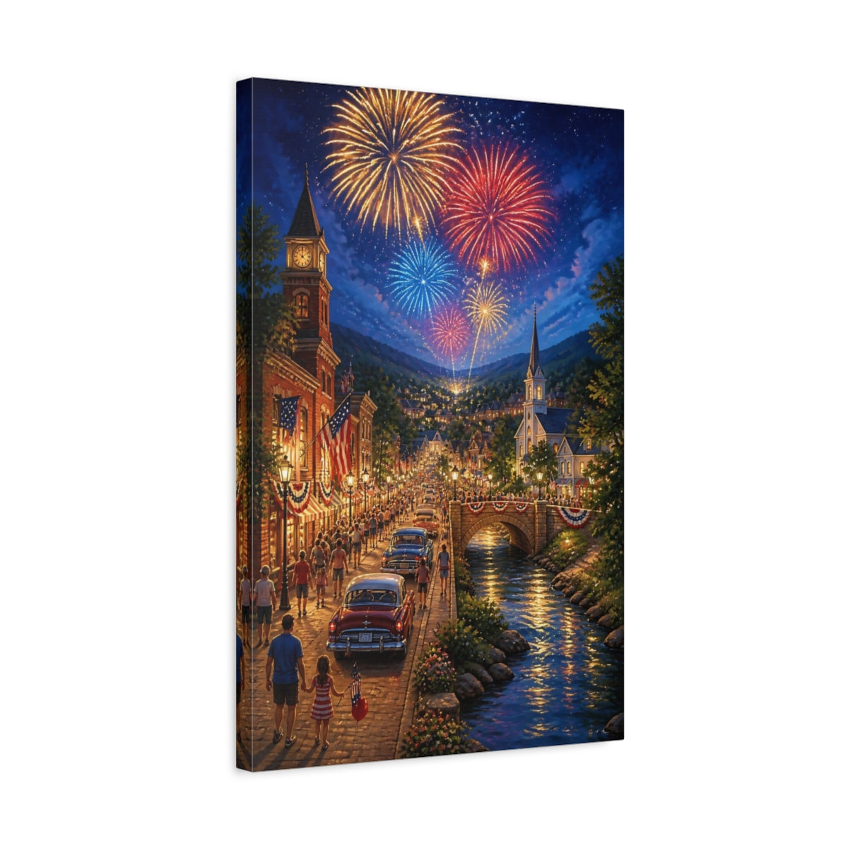 Side Mockup 3. Small Town Fireworks Night shown as canvas print