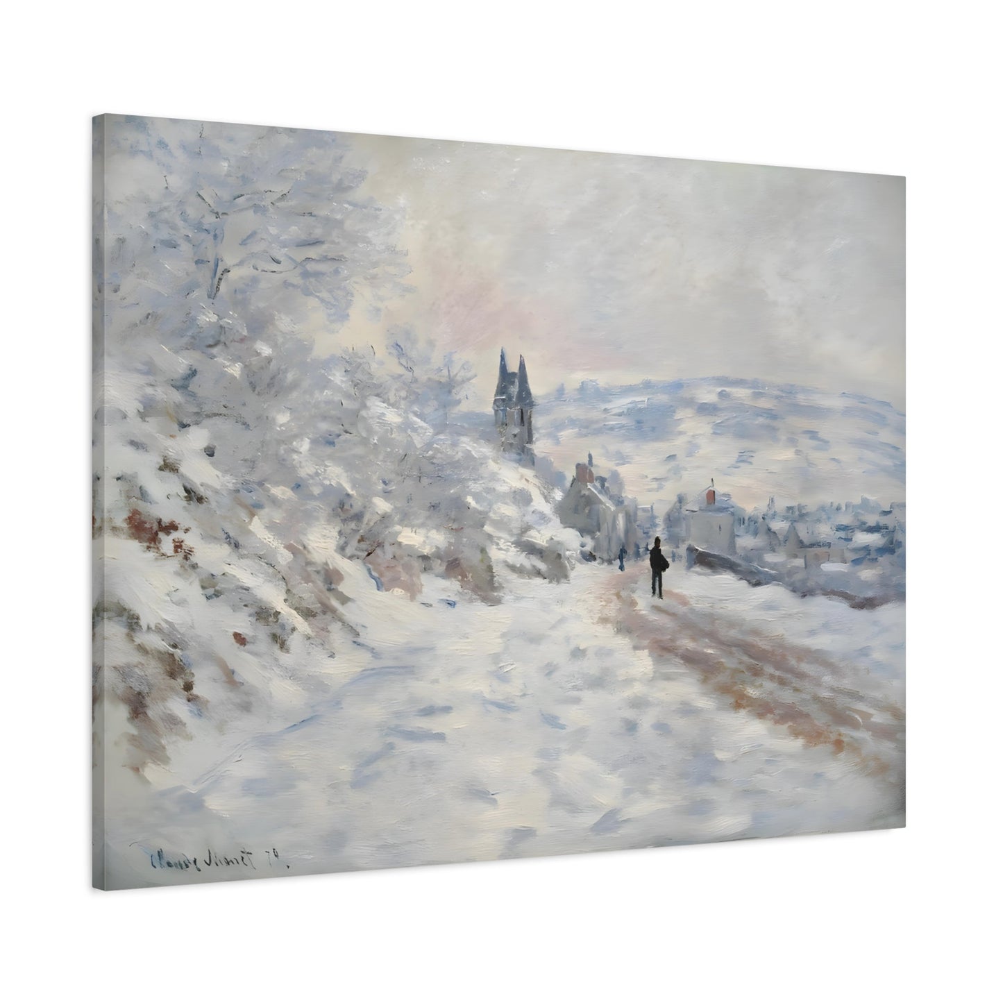 Snow Winter Landscape Canvas Monet Print - Road to Veheuil Wall Art - YesArtYes