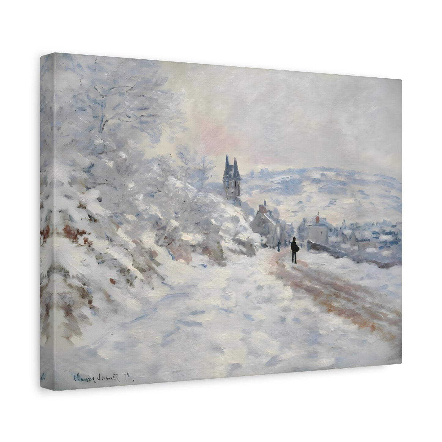 Snow Winter Landscape Canvas Monet Print - Road to Veheuil Wall Art - YesArtYes