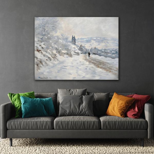 Snow Winter Landscape Canvas Monet Print - Road to Veheuil Wall Art - YesArtYes