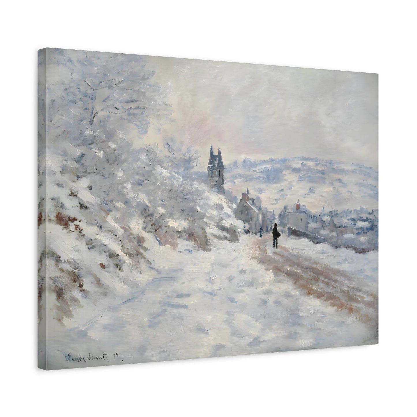 Snow Winter Landscape Canvas Monet Print - Road to Veheuil Wall Art - YesArtYes