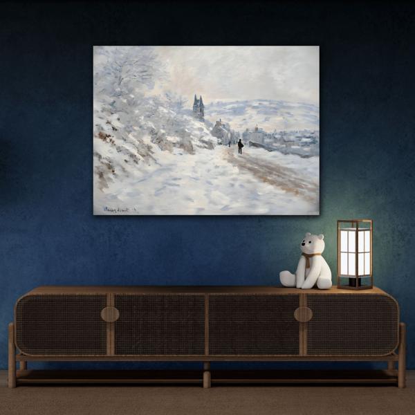 Snow Winter Landscape Canvas Monet Print - Road to Veheuil Wall Art - YesArtYes