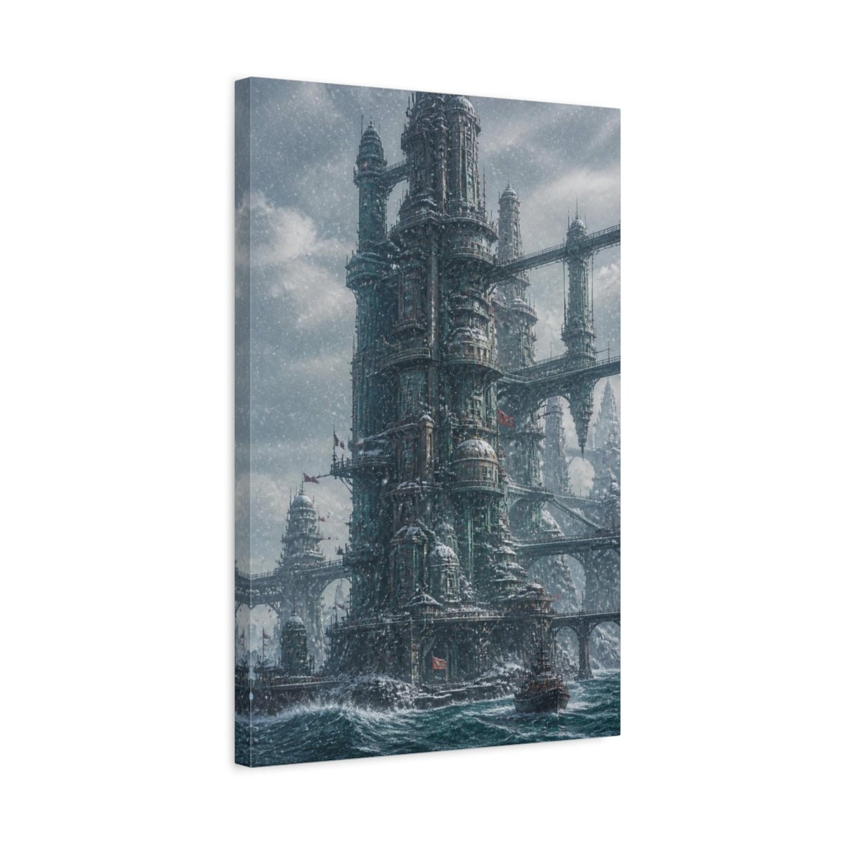 Side Mockup 3. Snowbound Ocean Tower shown as canvas print