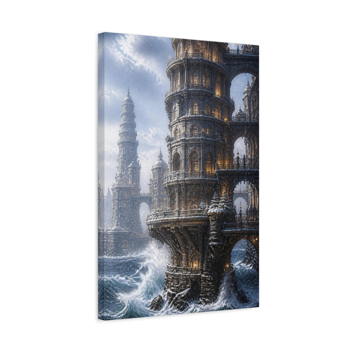 Side Mockup 3. Snowbound Ocean Tower shown as canvas print