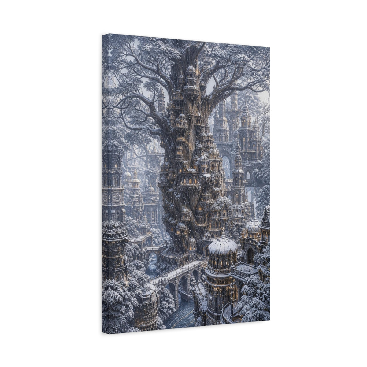 Side Mockup 3. Snowbound Tree City shown as canvas print