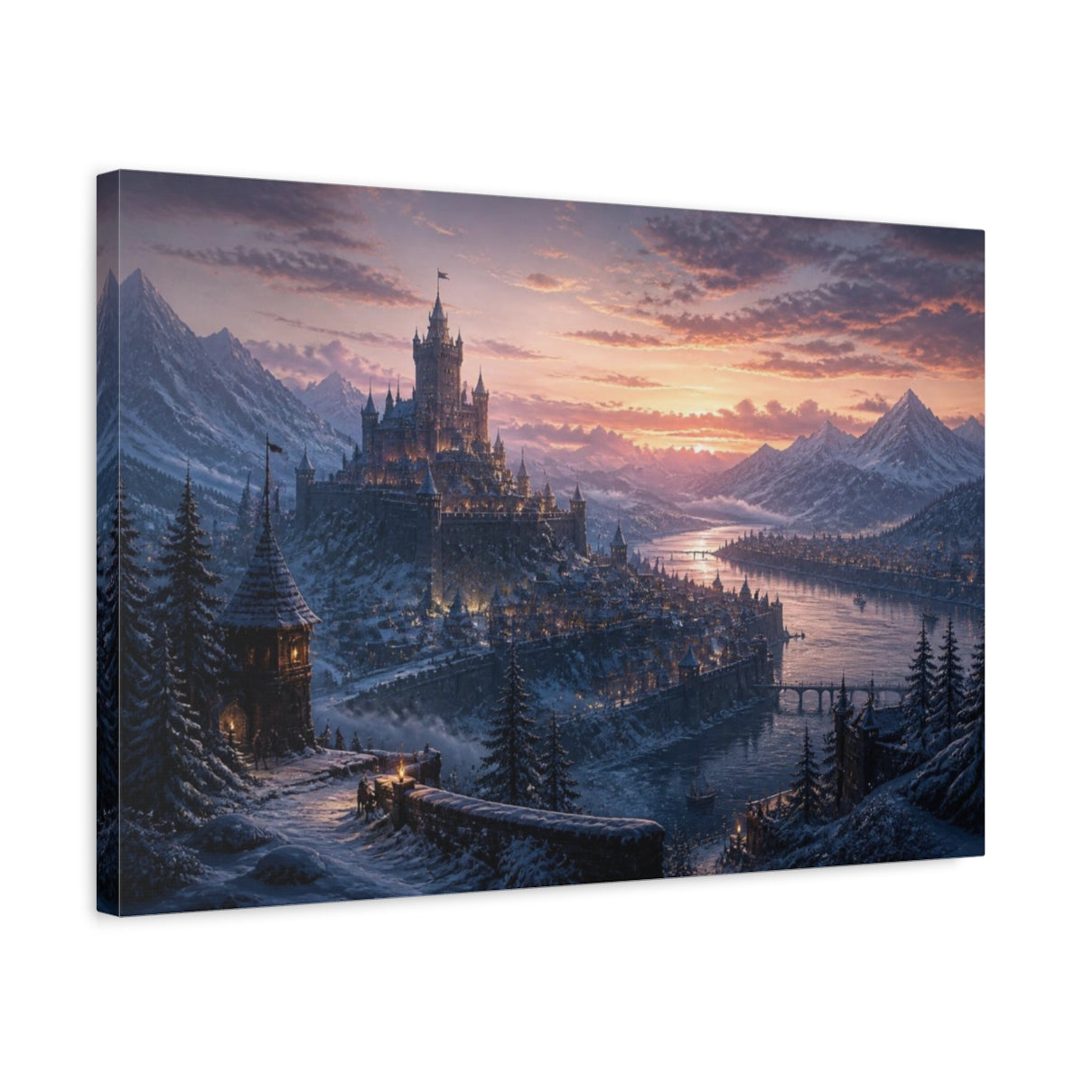 Side Mockup 3. Snowy Castle Landscape shown as canvas print