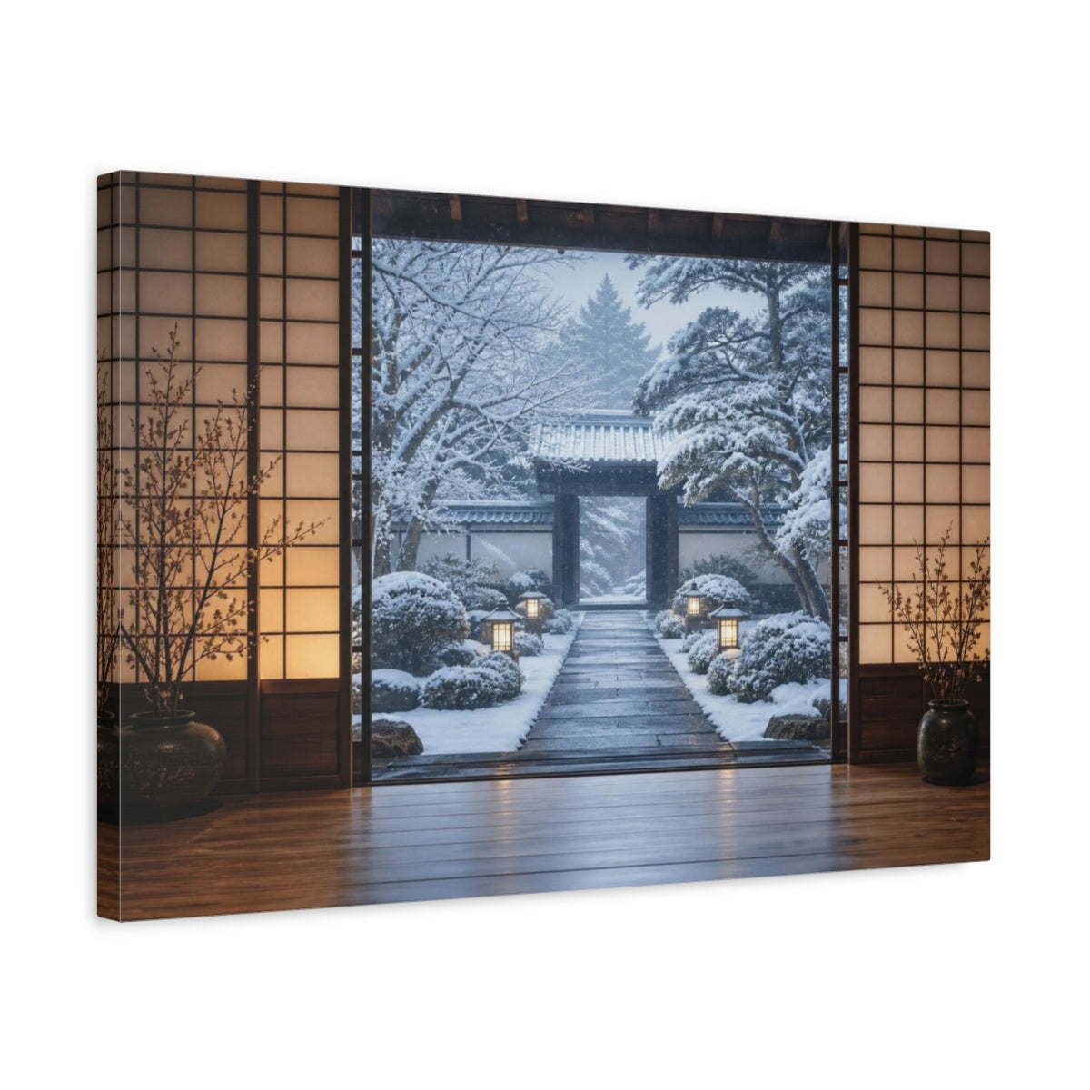 Side Mockup 3. Snowy Japanese Courtyard shown as canvas print