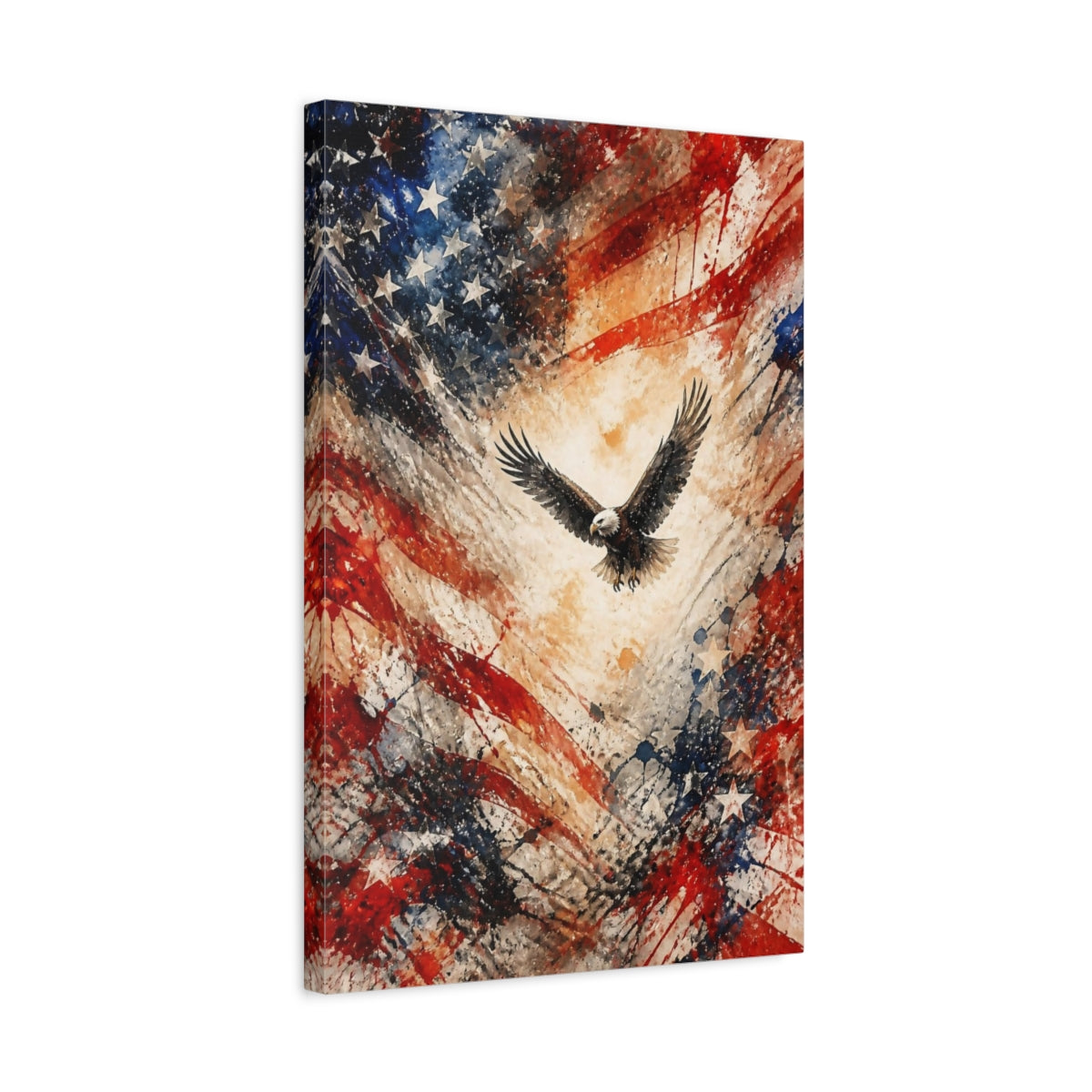 Side Mockup 3. Soaring Bald Eagle Flag shown as canvas print