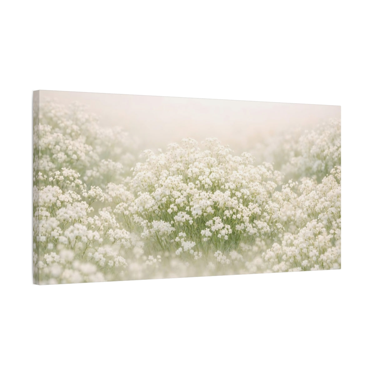 Side Mockup 2. Floral White Flowers White Floral shown as stretched canvas wall art