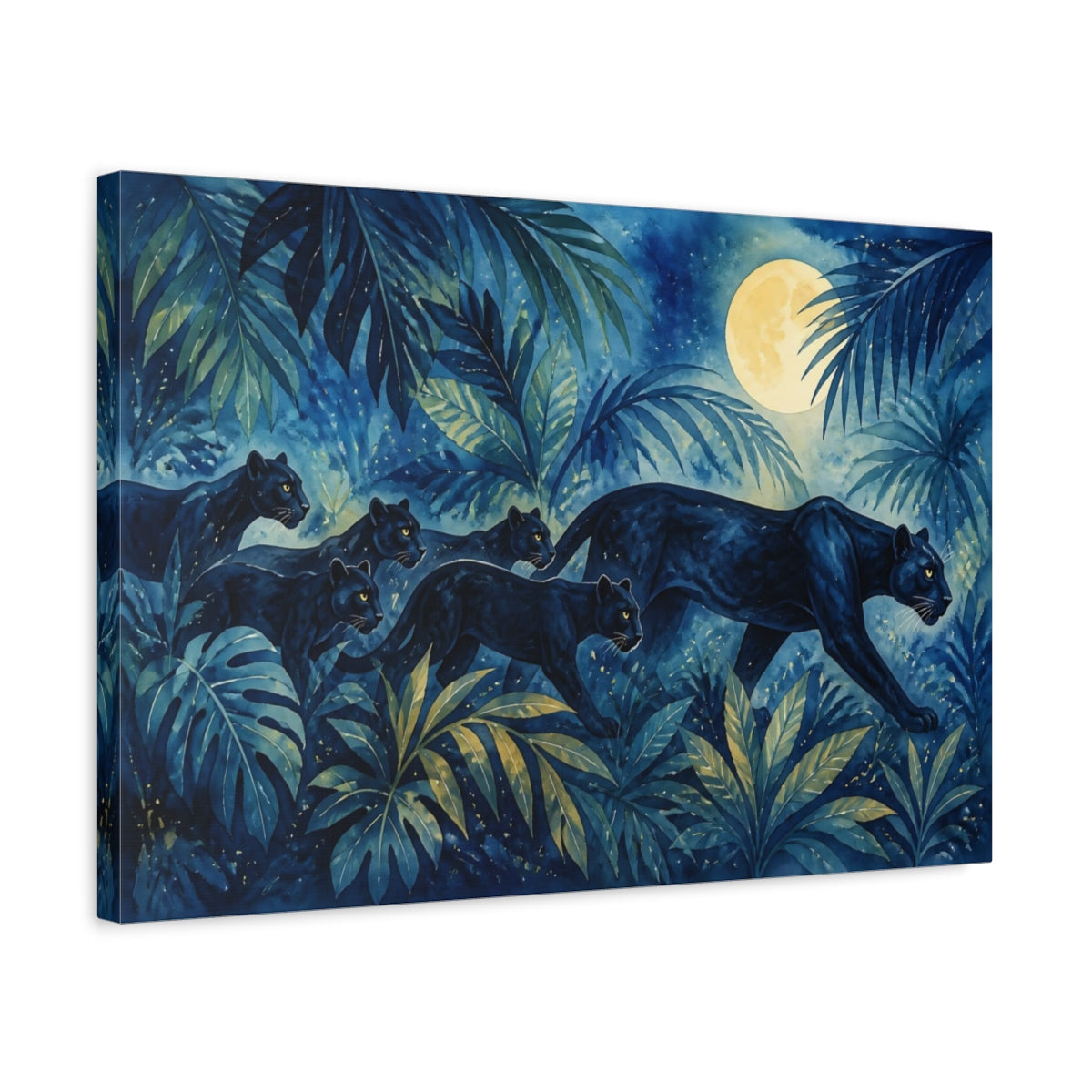 Side Mockup 3. Soft Nursery Watercolor Black Panther Beneath Moonlit Jungle Leaves shown as stretched canvas wall art