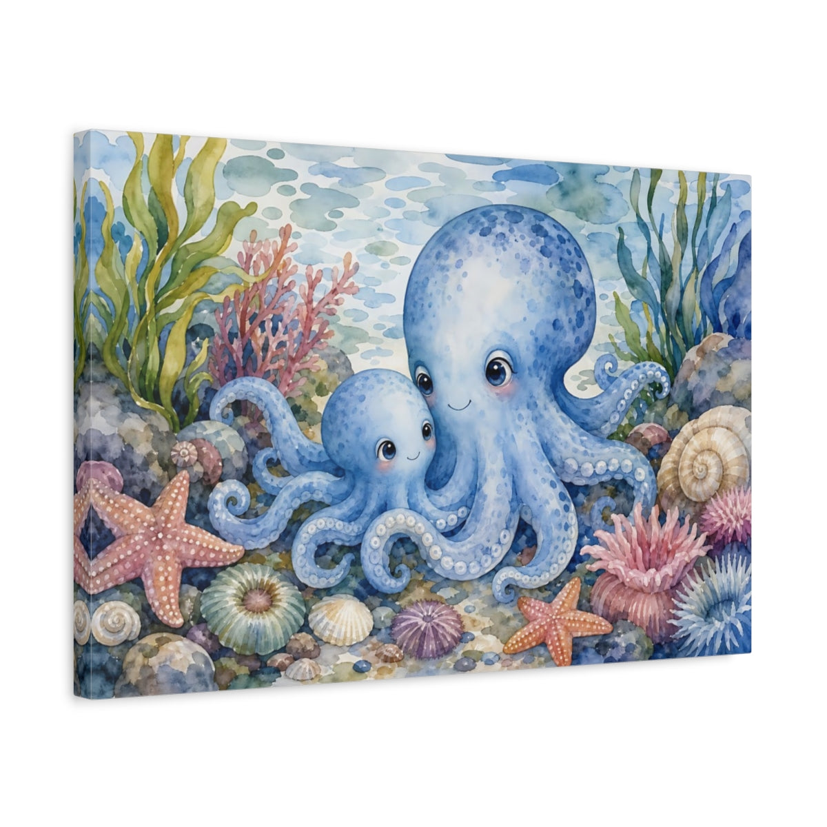 Side Mockup 3. Soft Nursery Watercolor Blue Octopus Near Tidepool Plants shown as stretched canvas wall art