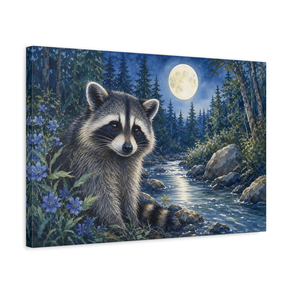 Side Mockup 3. Soft Nursery Watercolor Raccoon Beside Moonlit Forest Stream shown as stretched canvas wall art