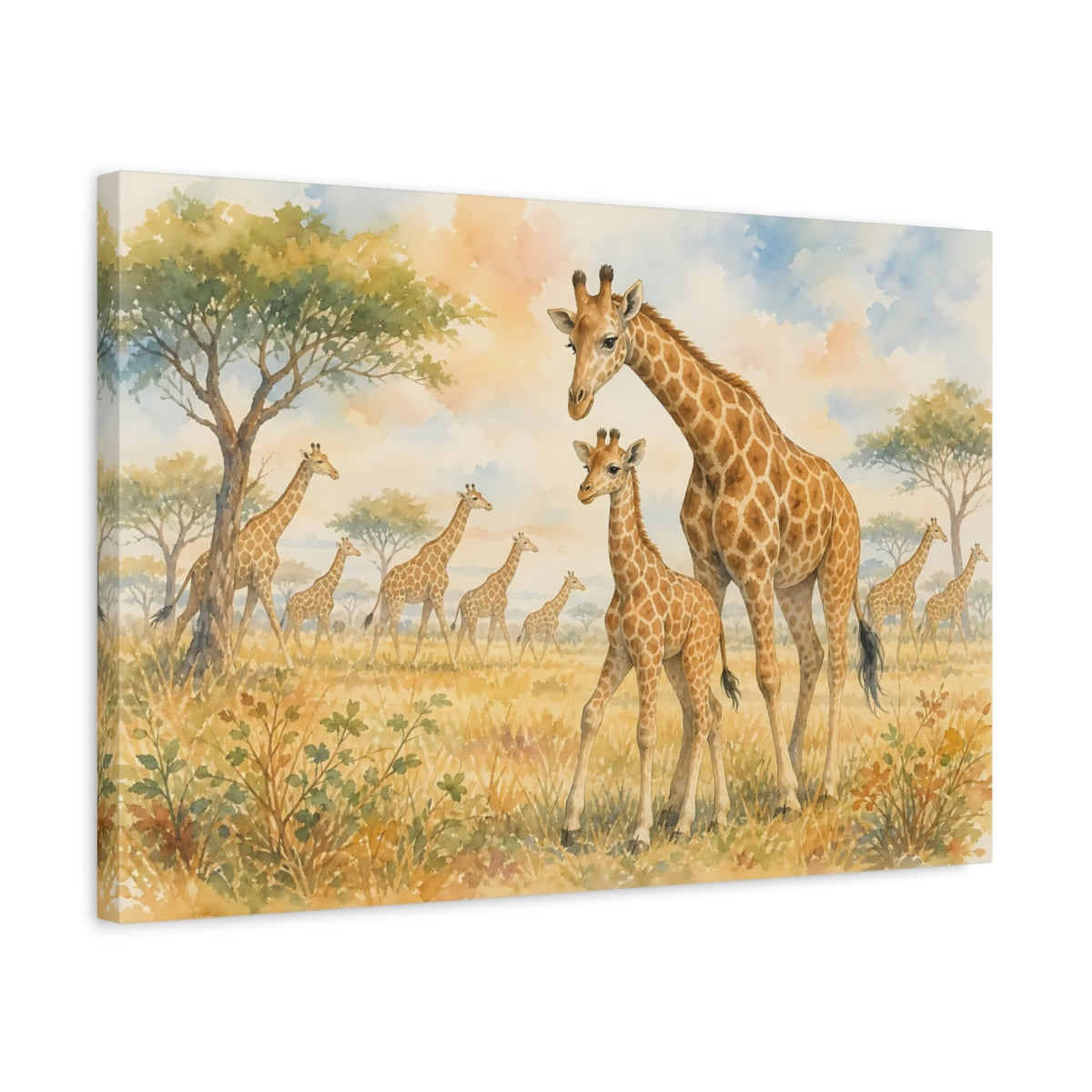 Side Mockup 3. Soft Nursery Watercolor Young Giraffe Beside Mother shown as stretched canvas wall art