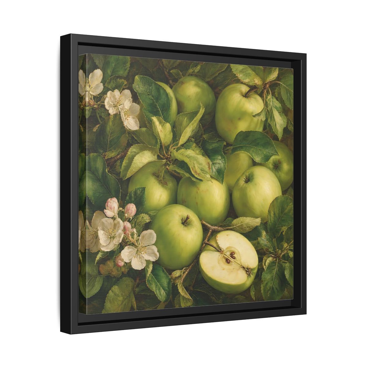 Side Mockup 32. Soft Painterly Realism Green Apples Beside Leafy Stems shown as stretched canvas wall art