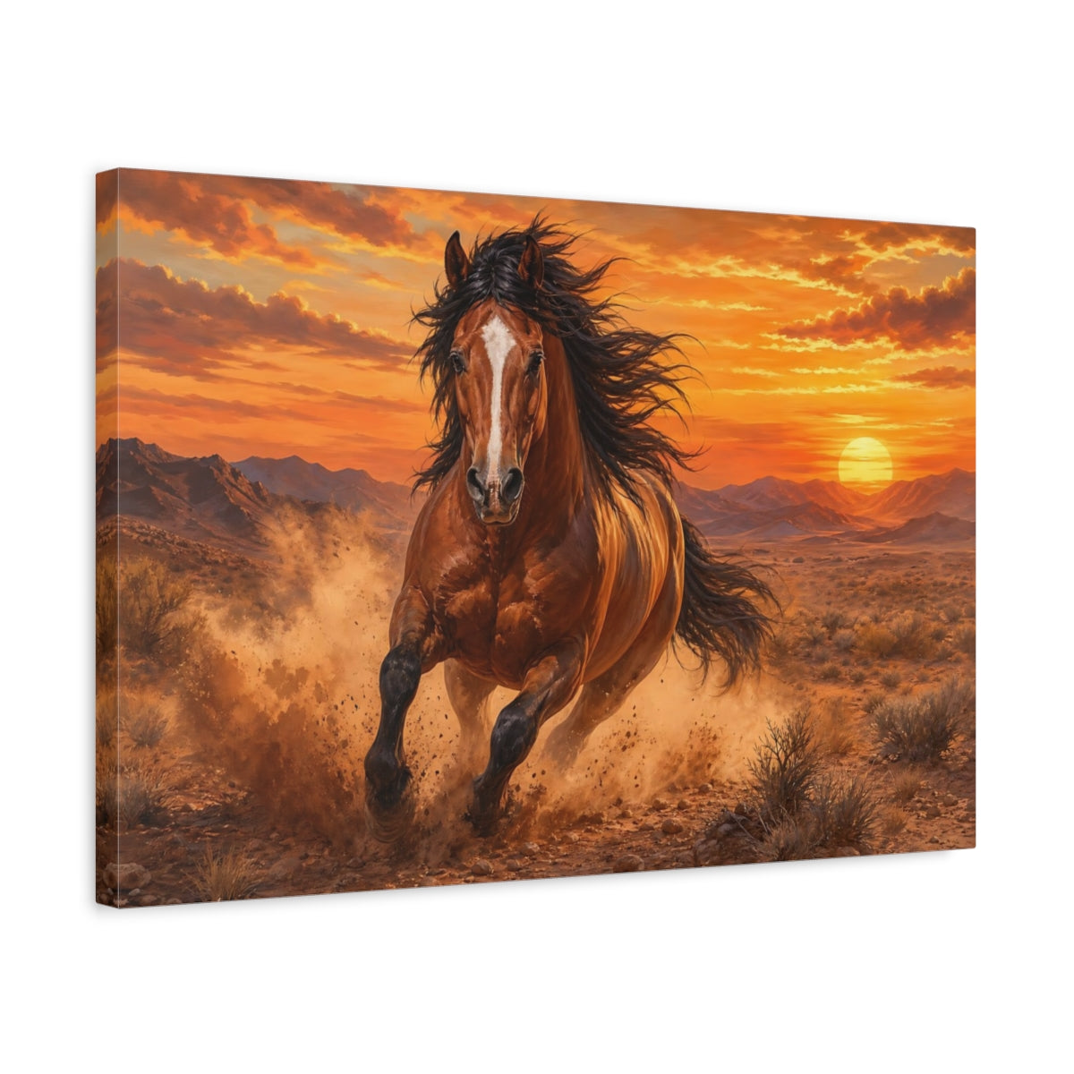 Side Mockup 3. Soft Painterly Realism Stallion Running Through Desert Dust At Sunset shown as stretched canvas wall art