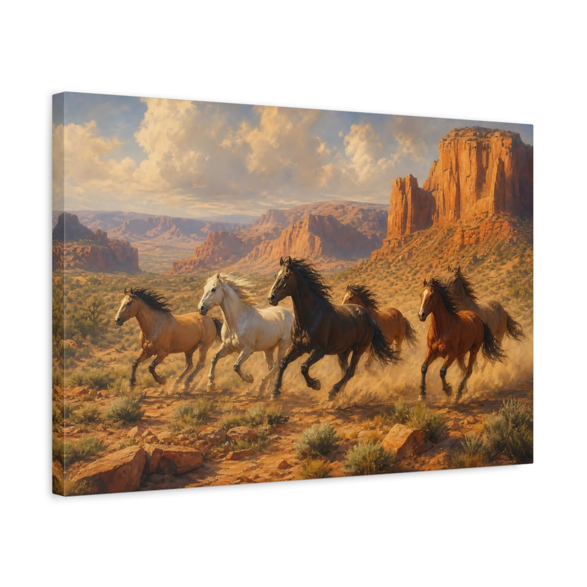 Side Mockup 3. Soft Painterly Realism Wild Horses Near Desert Canyon shown as stretched canvas wall art