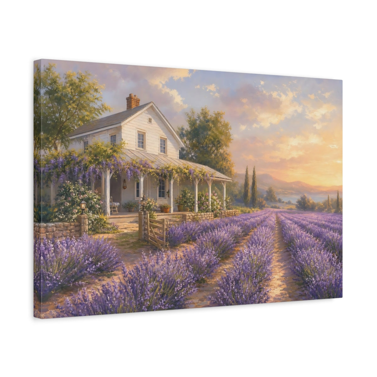Side Mockup 3. Soft Pastel Painting White Farmhouse Beside Lavender Rows shown as canvas print