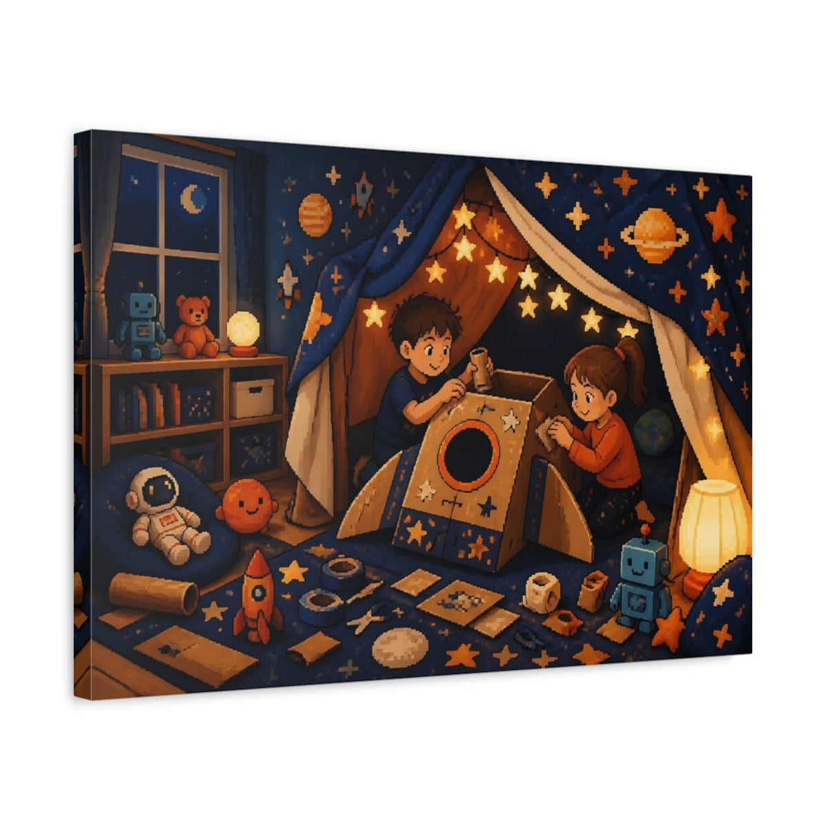 Side Mockup 3. Space Rocket Cardboard Fort shown as canvas print