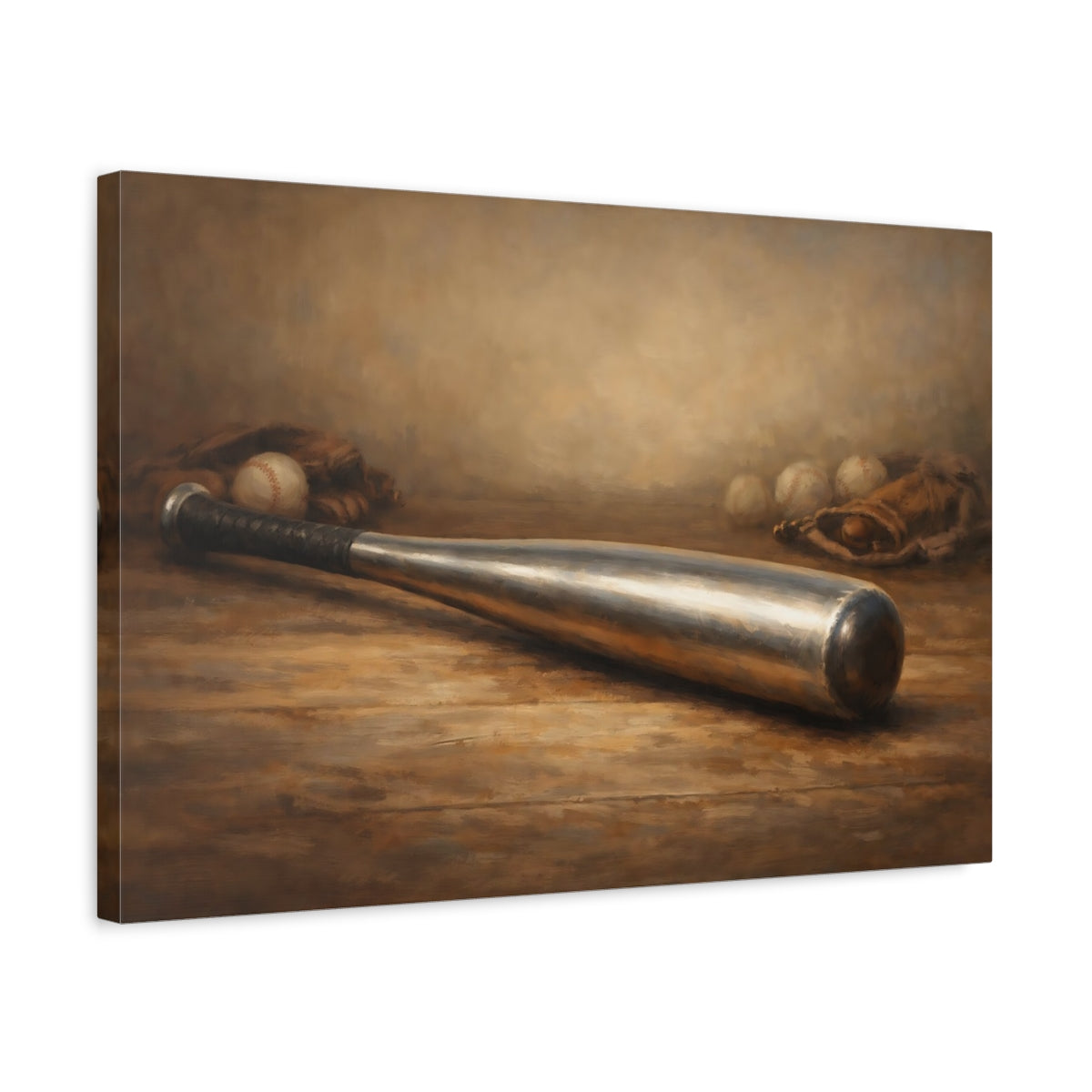 Side Mockup 3. Sports Baseball Bat Rustic Baseball shown as stretched canvas wall art