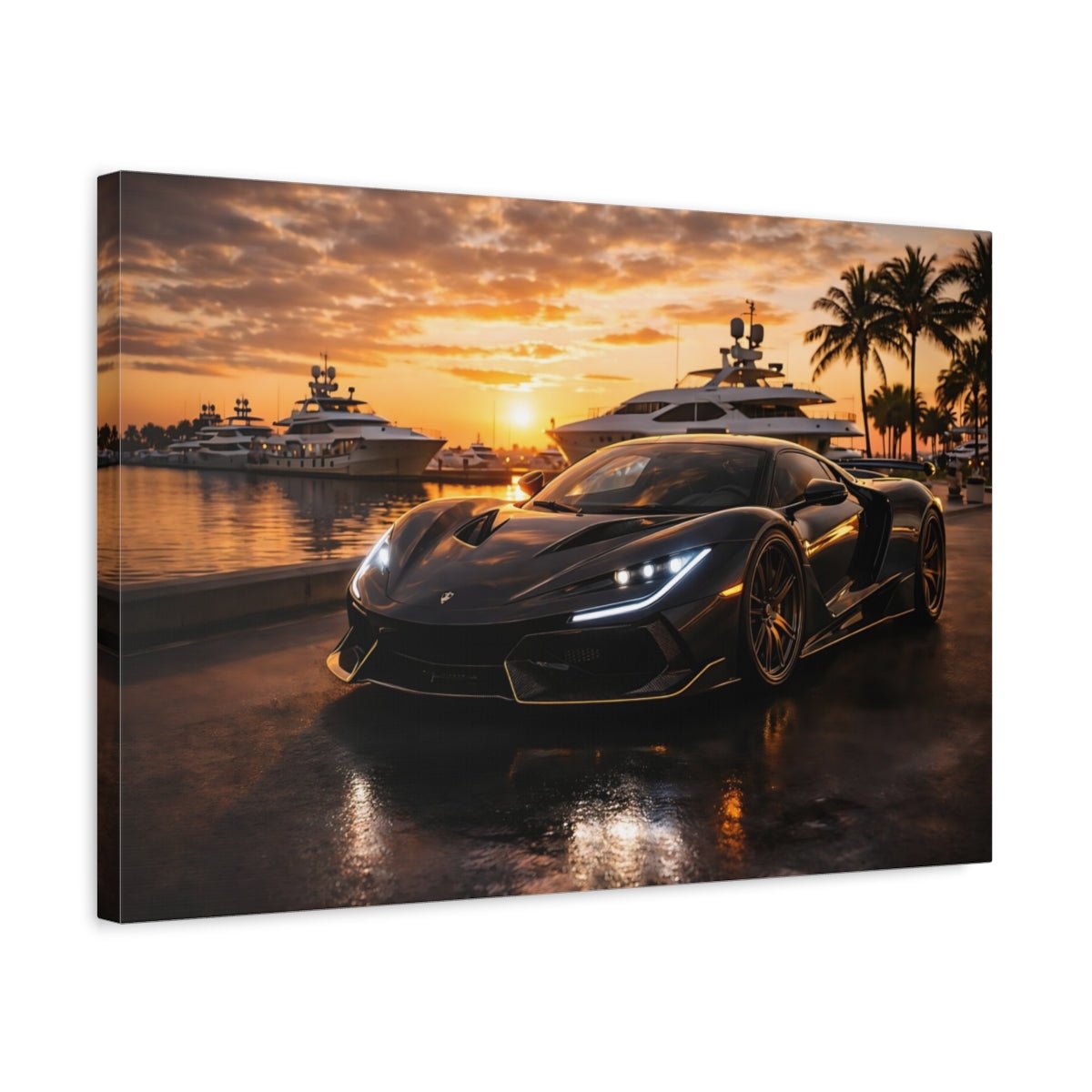 Sports Car Black Golden Sunset - Canvas Wall Art Print - YesArtYes