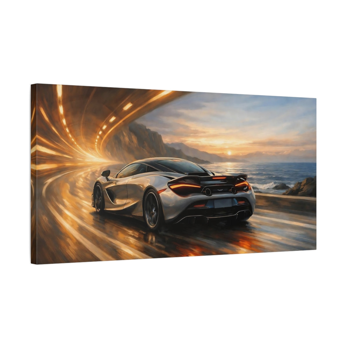 Side Mockup 2. Sports Sports Car Sports Car Sunset shown as stretched canvas wall art