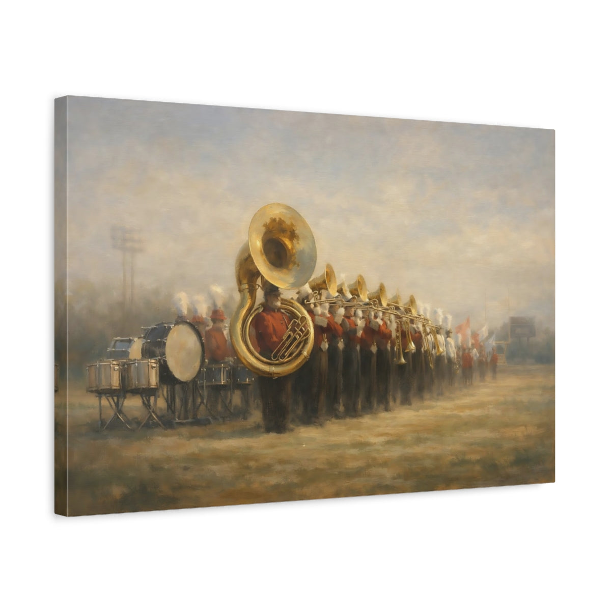 Side Mockup 3. Sports Marching Band Red Gold Band shown as stretched canvas wall art