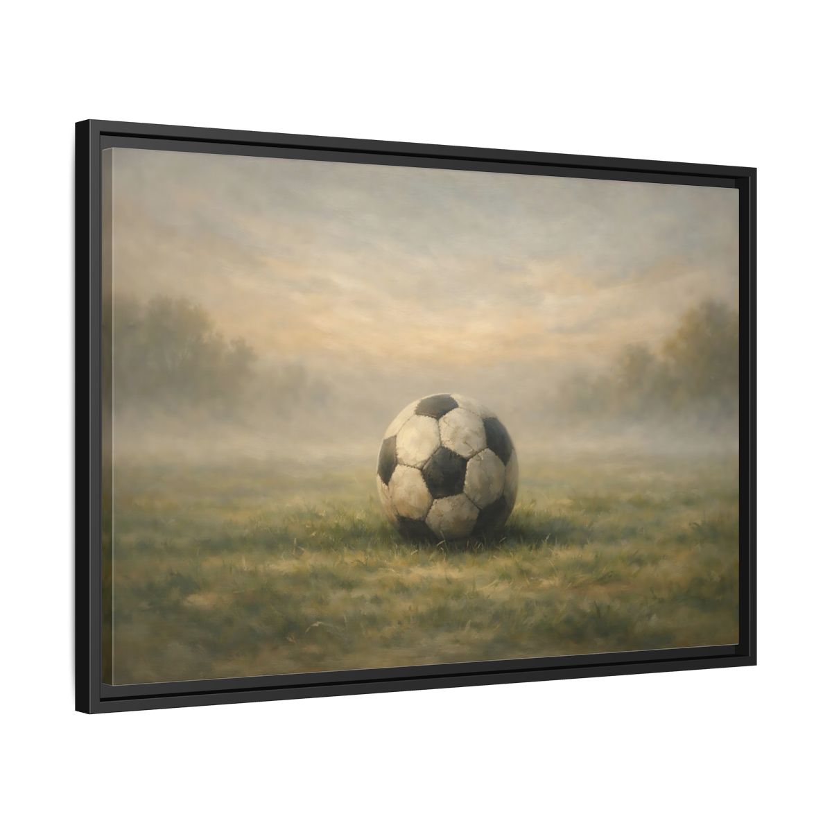 Side Mockup 14. Sports Soccer Ball Misty Green Field shown as stretched canvas wall art